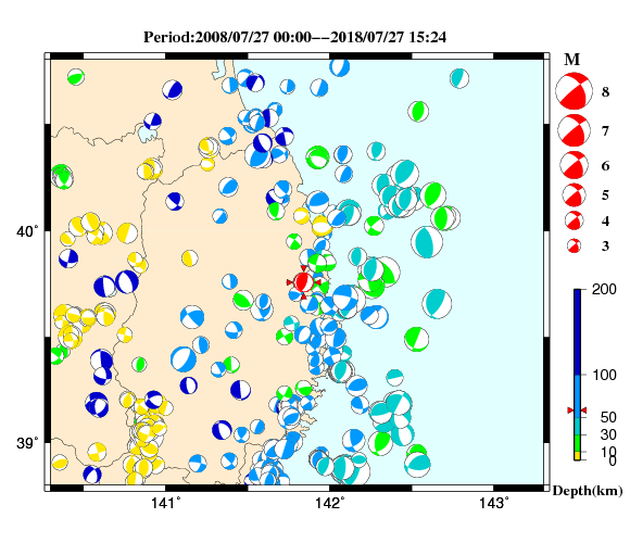 過去に起きた地震の初動発震機構解