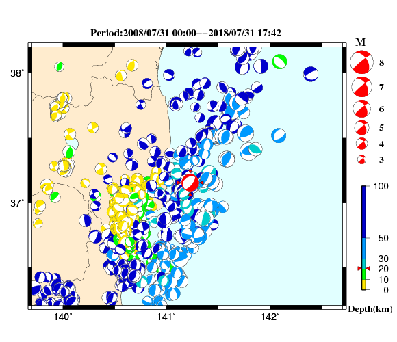 過去に起きた地震の初動発震機構解