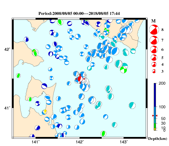 過去に起きた地震の初動発震機構解