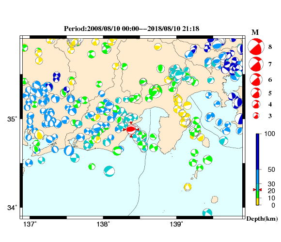 過去に起きた地震の初動発震機構解