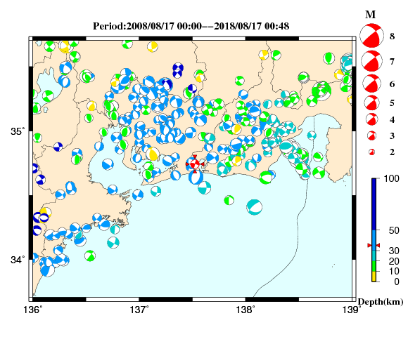 過去に起きた地震の初動発震機構解