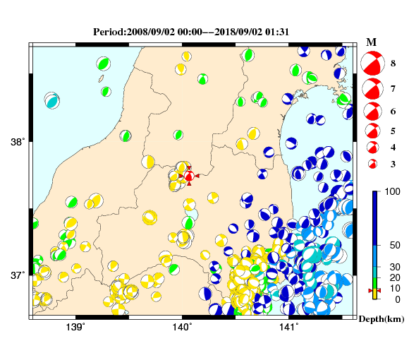 過去に起きた地震の初動発震機構解