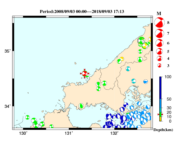 過去に起きた地震の初動発震機構解