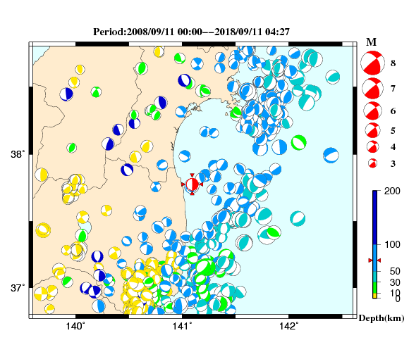 過去に起きた地震の初動発震機構解