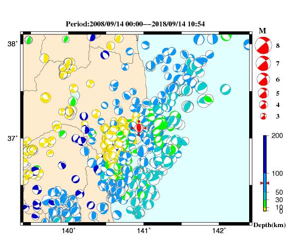 過去に起きた地震の初動発震機構解