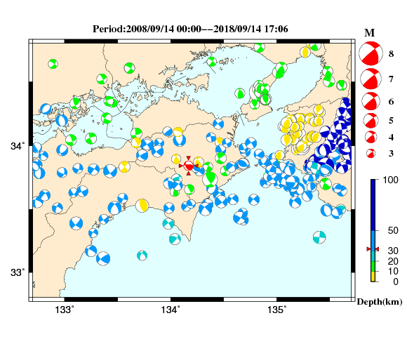 過去に起きた地震の初動発震機構解