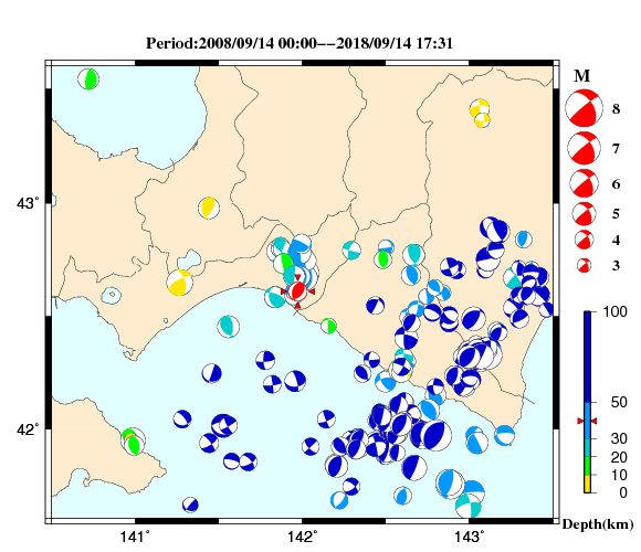 過去に起きた地震の初動発震機構解