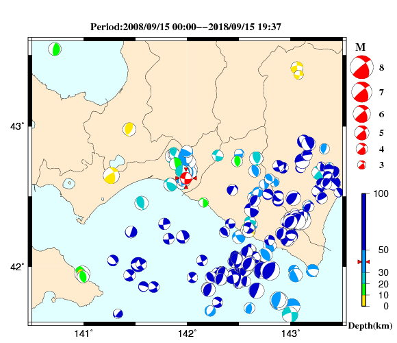 過去に起きた地震の初動発震機構解