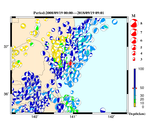 過去に起きた地震の初動発震機構解