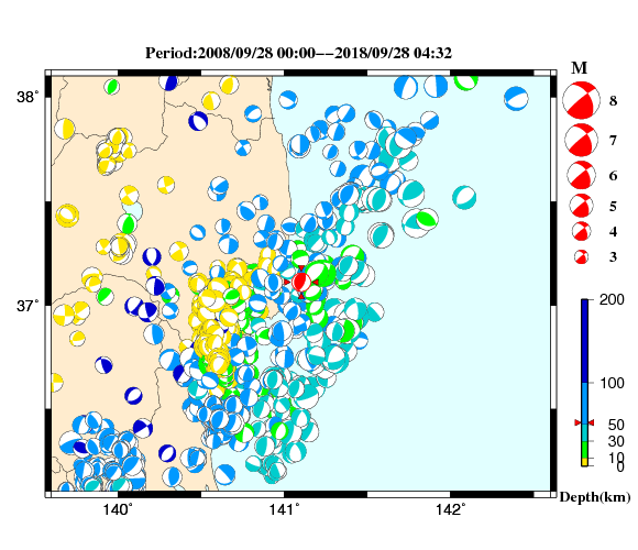 過去に起きた地震の初動発震機構解