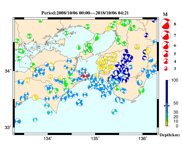 過去に起きた地震の初動発震機構解