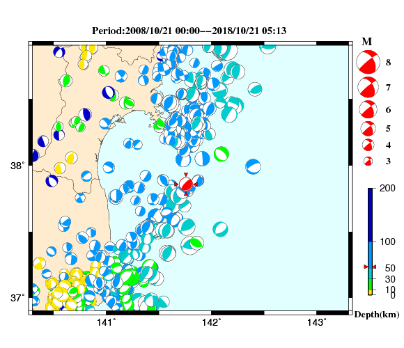 過去に起きた地震の初動発震機構解