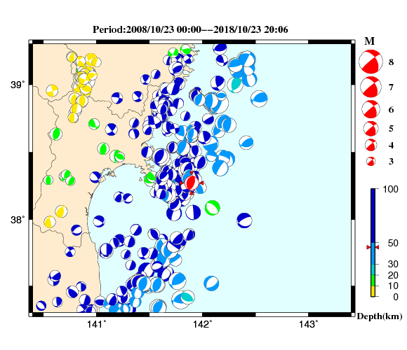 過去に起きた地震の初動発震機構解