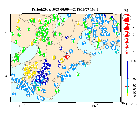 過去に起きた地震の初動発震機構解