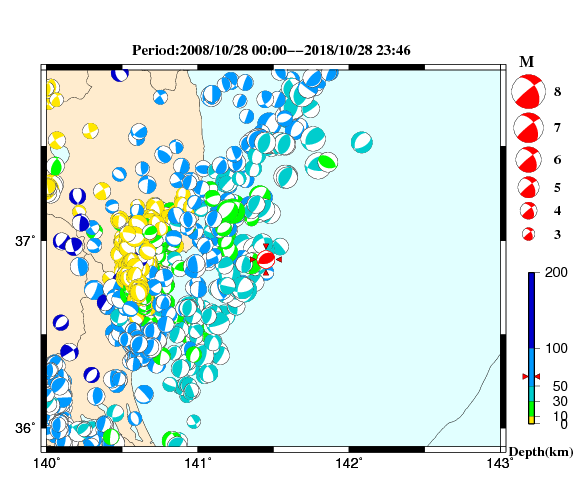 過去に起きた地震の初動発震機構解