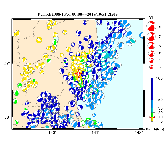 過去に起きた地震の初動発震機構解