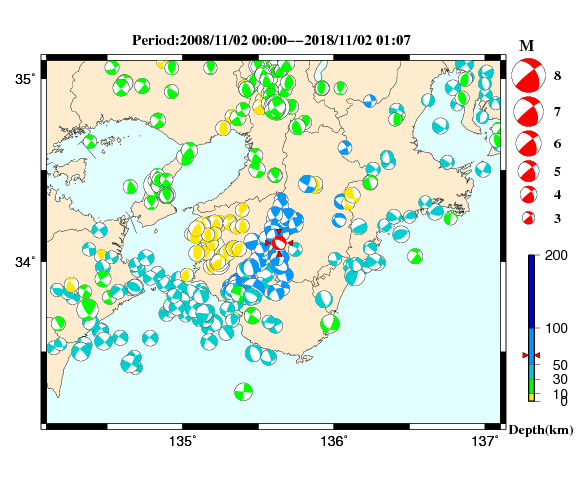 過去に起きた地震の初動発震機構解