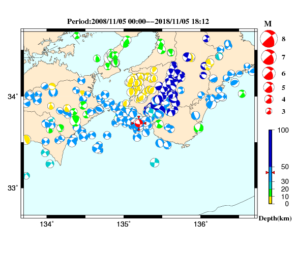 過去に起きた地震の初動発震機構解
