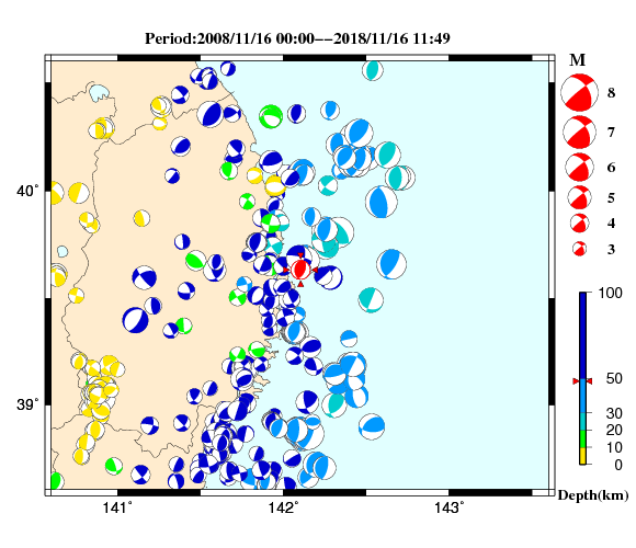 過去に起きた地震の初動発震機構解