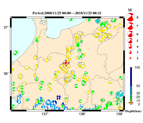 過去に起きた地震の初動発震機構解