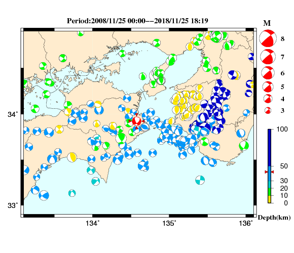 過去に起きた地震の初動発震機構解