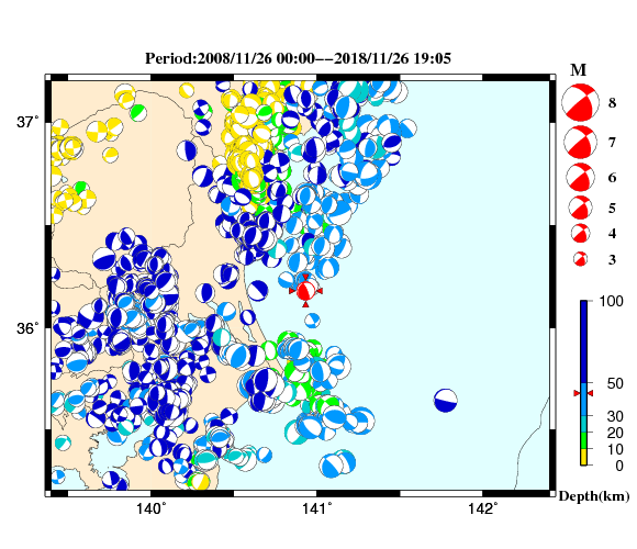 過去に起きた地震の初動発震機構解