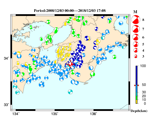 過去に起きた地震の初動発震機構解