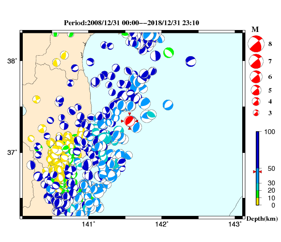 過去に起きた地震の初動発震機構解