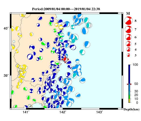 過去に起きた地震の初動発震機構解