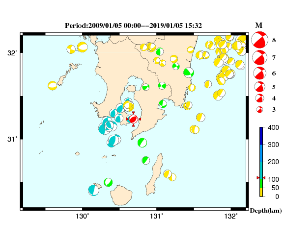 過去に起きた地震の初動発震機構解