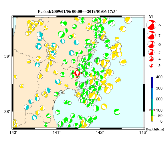 過去に起きた地震の初動発震機構解