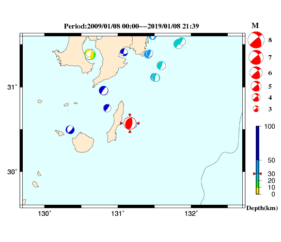 過去に起きた地震の初動発震機構解