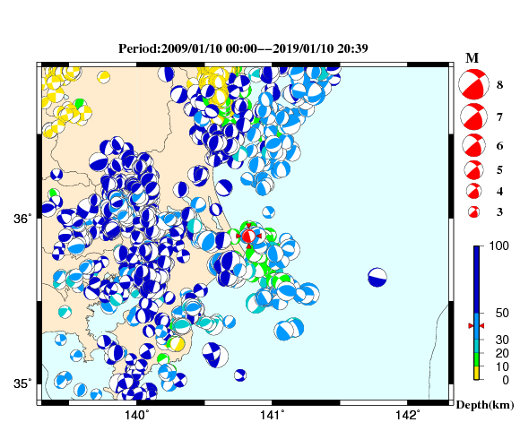 過去に起きた地震の初動発震機構解