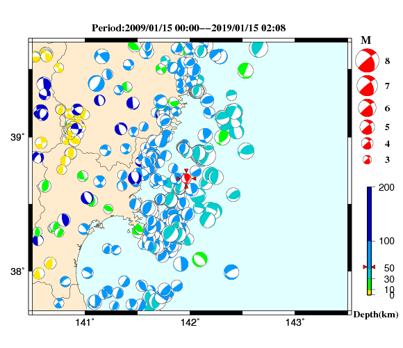 過去に起きた地震の初動発震機構解