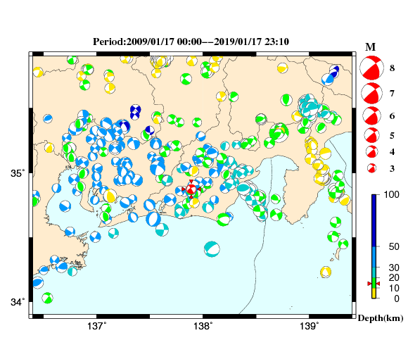過去に起きた地震の初動発震機構解