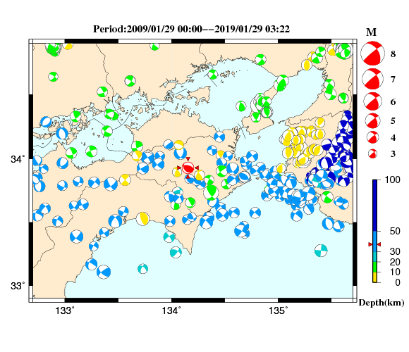 過去に起きた地震の初動発震機構解