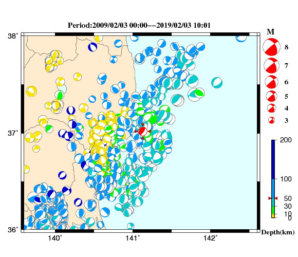 過去に起きた地震の初動発震機構解