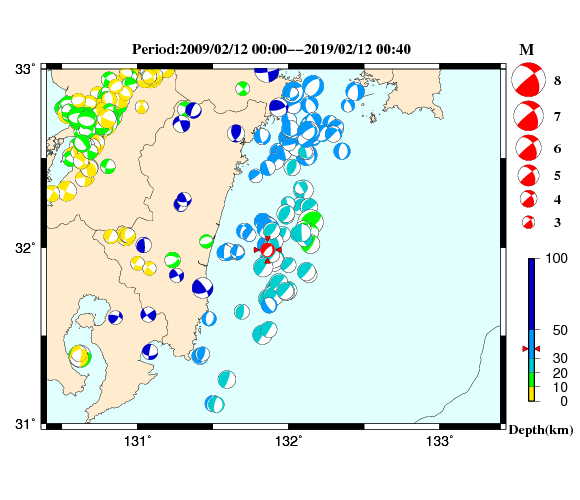 過去に起きた地震の初動発震機構解