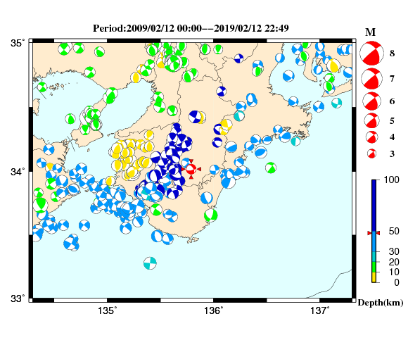 過去に起きた地震の初動発震機構解