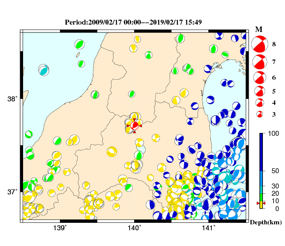 過去に起きた地震の初動発震機構解