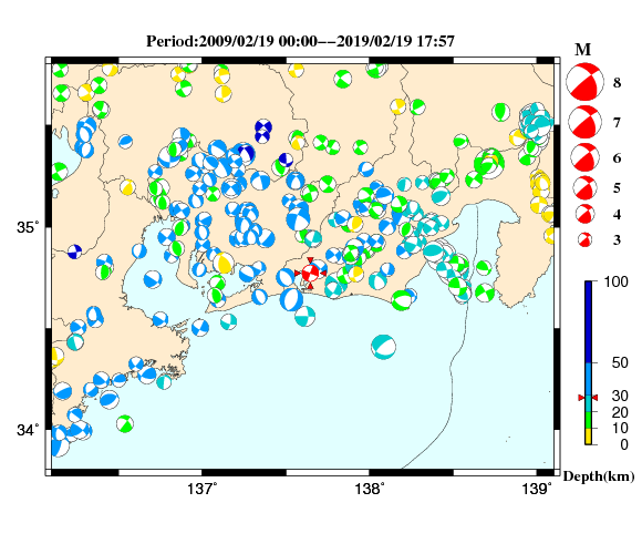 過去に起きた地震の初動発震機構解