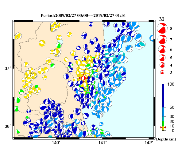 過去に起きた地震の初動発震機構解