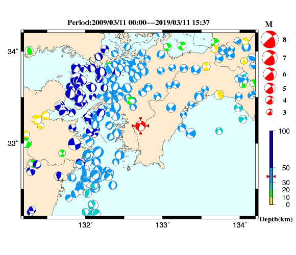 過去に起きた地震の初動発震機構解