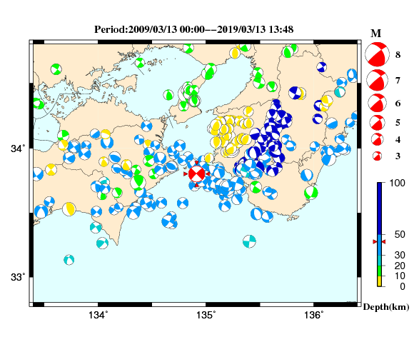 過去に起きた地震の初動発震機構解