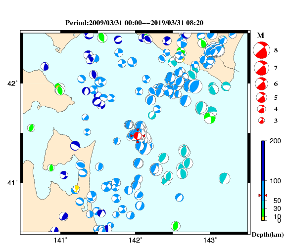 過去に起きた地震の初動発震機構解