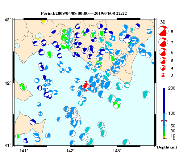 過去に起きた地震の初動発震機構解
