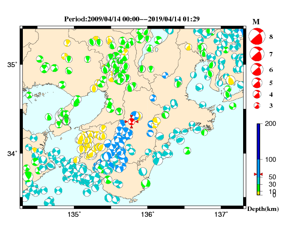 過去に起きた地震の初動発震機構解