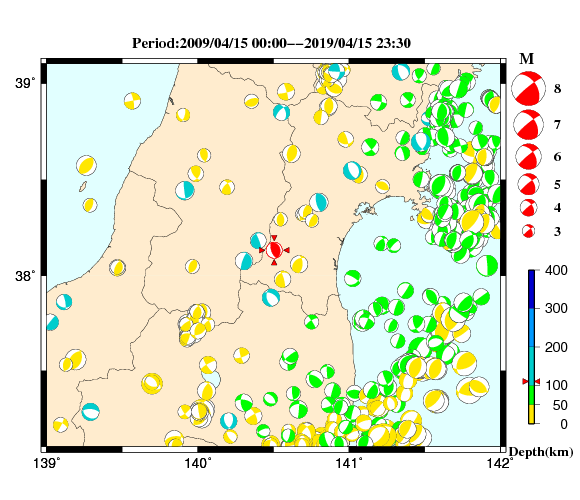 過去に起きた地震の初動発震機構解