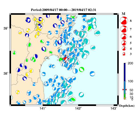 過去に起きた地震の初動発震機構解