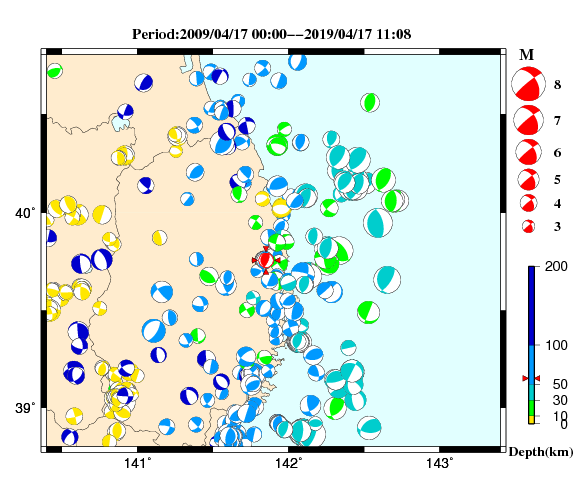 過去に起きた地震の初動発震機構解